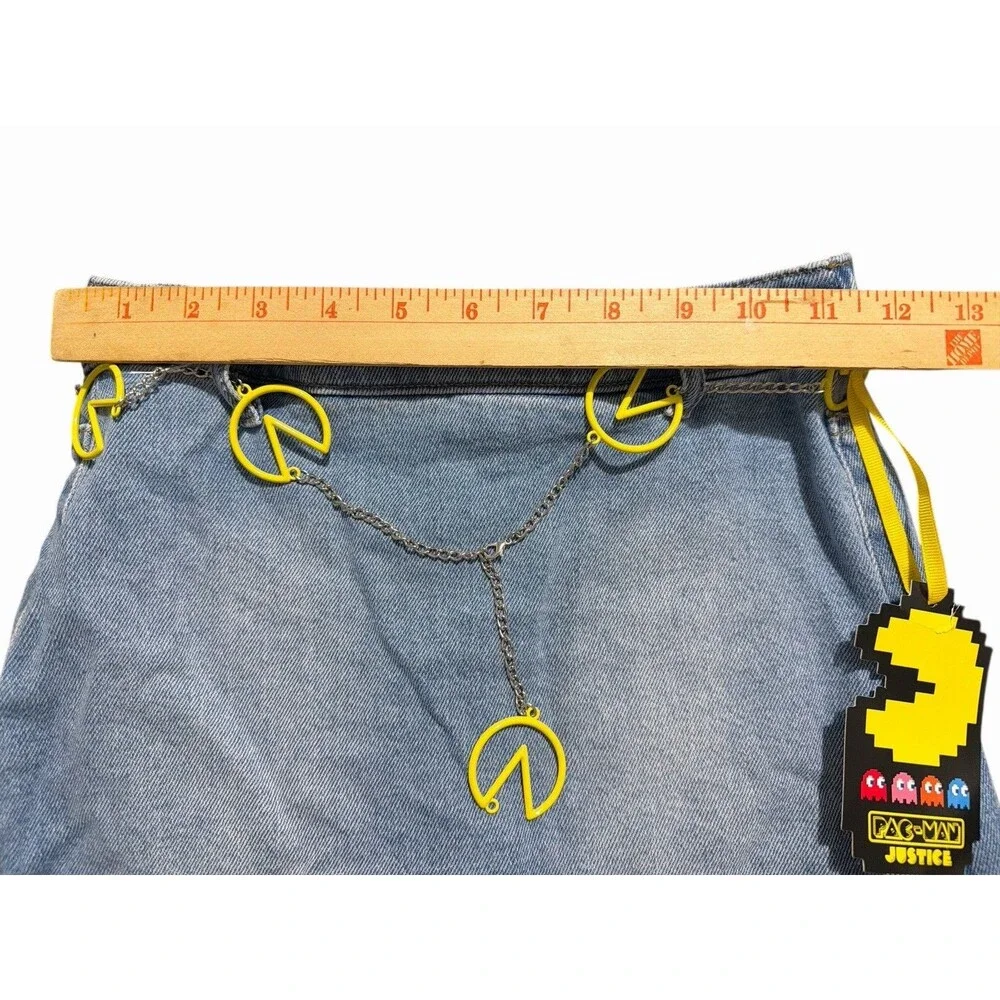 Justice Pac-Man Denim Skirt Girls M 10 High Rise Chain Belt Blue‎ NWT